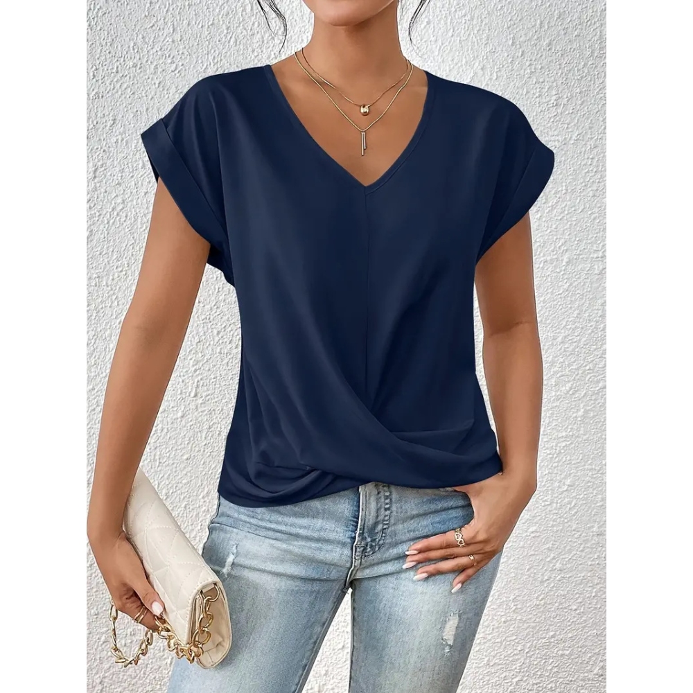 Women's Summer Solid Color V Neck Short Sleeve Tee Tops Y2K Minimalist Knot Twist Front Top Cottagecore Trendy Loose Fit Casual Blouse Draped Comfy Breathable T Shirts for Street Style & Date Night 