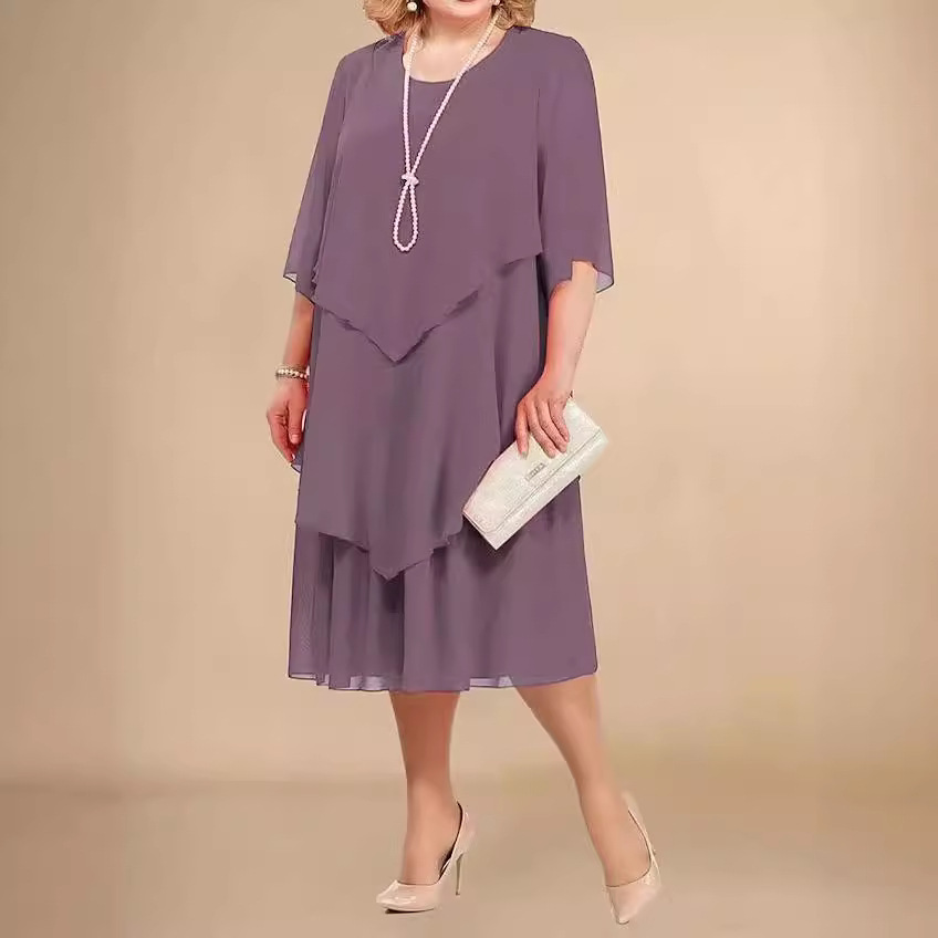 2025 Summer Women's Plus Size Chiffon Tiered Dress Round Neck Short Sleeve Beach Wedding Guest Maxi Dress Casual Vacation Sundress