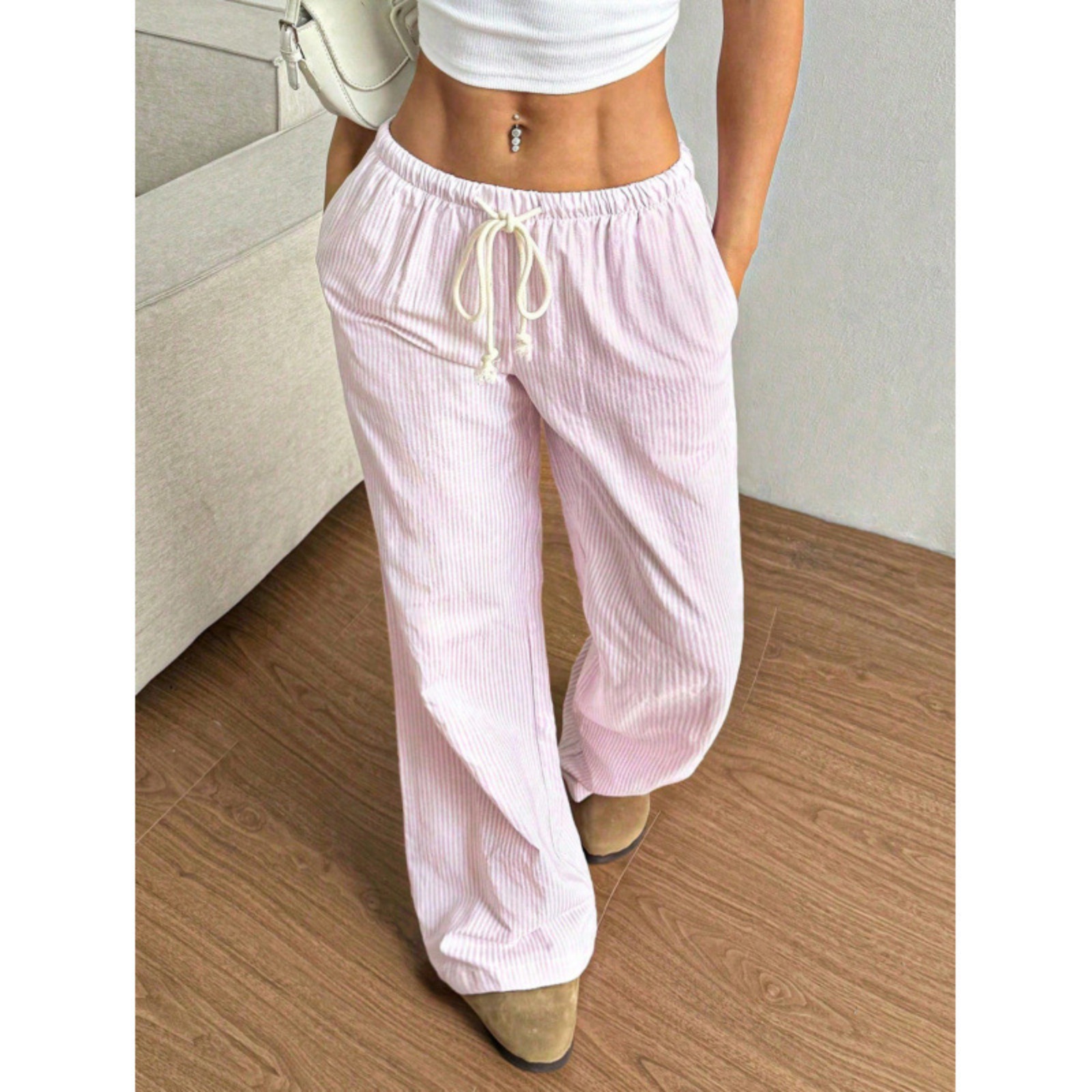 2025 Summer Women's Striped Wide Leg Pants Casual Drawstring Waist Flowy Lounge Pants Poly-Cotton Blend Comfortable Office to Weekend Trousers