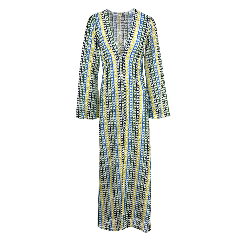 23亚马逊速卖通爆款撞色蕾丝镂空沙滩V领低胸前开叉连衣长裙HY065