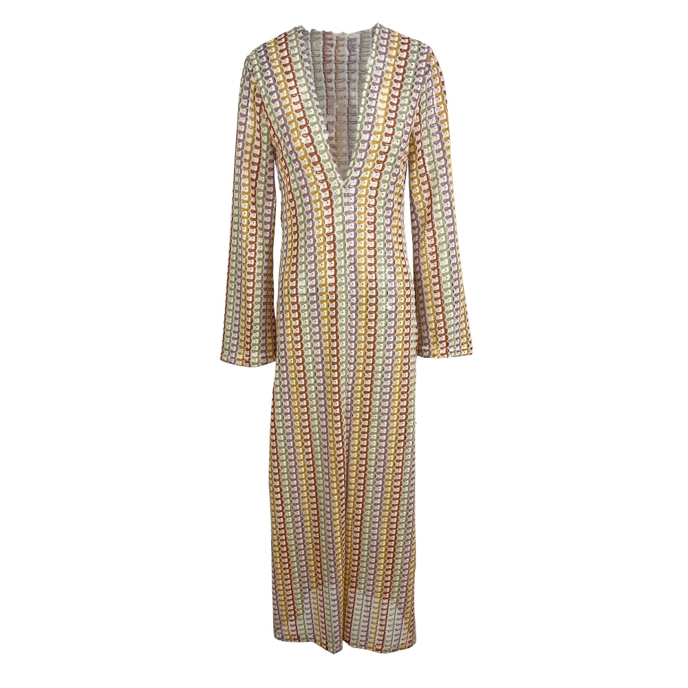 Women's Summer Crochet Maxi Dress Sexy Deep V Neck Flare Long Sleeve Slit Long Dress Resort Wear Cover-Up Dress Lightweight Colorblock Lace Hollow Out Knit Beach Vacation Sundress