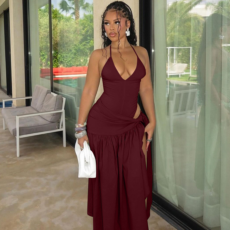 Women's Summer Solid Color 2 Piece Maxi Skirt Sets Deep V Halter Bodysuit with Adjustable Back Ties and High Slit Wrap Maxi Skirt Matching Sets Lightweight Sexy Beach Cover Ups Vacation Outfits    