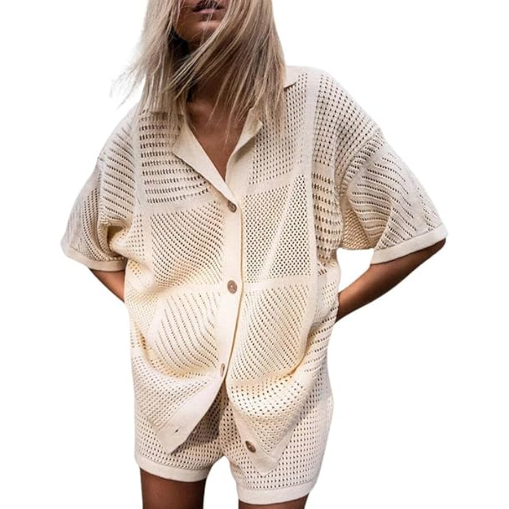 亚马逊欧美新款休闲短袖V领镂空衬衫短裤纯色运动两件套女生套装