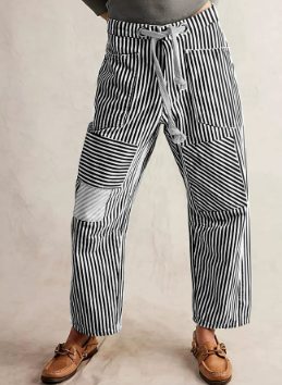 Women‘s  Baggy Barrel Jeans   Y2k Striped Drawstring High Waist Straight Wide Leg Boyfriend Jeans Mom Denim Pants