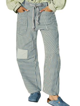 女士宽松桶形牛仔裤  21 世纪风格条纹系带高腰直筒阔腿男友风牛仔裤 妈妈款牛仔长裤