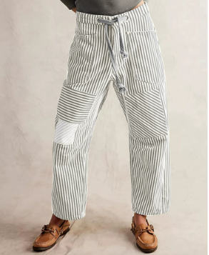 女士宽松桶形牛仔裤  21 世纪风格条纹系带高腰直筒阔腿男友风牛仔裤 妈妈款牛仔长裤