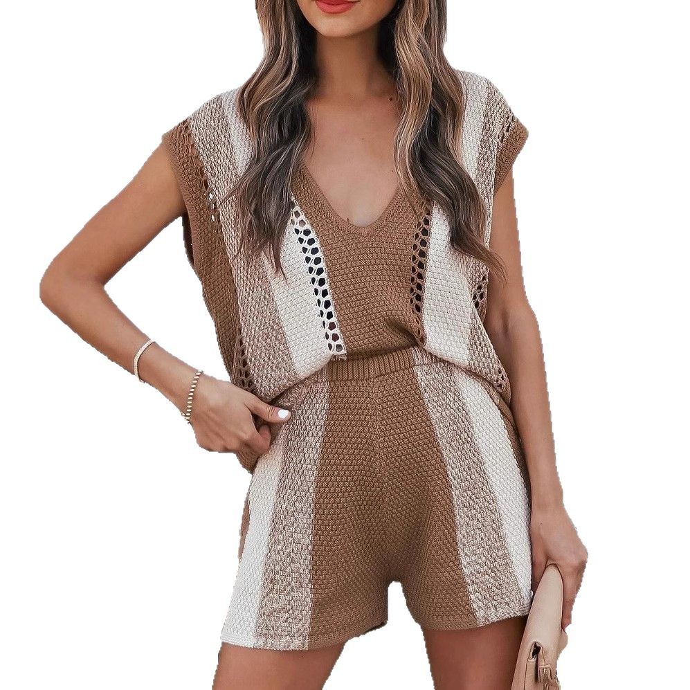 2025夏新款女装时尚亚马逊休闲短裤V领两件套跨境欧美女式针织衫