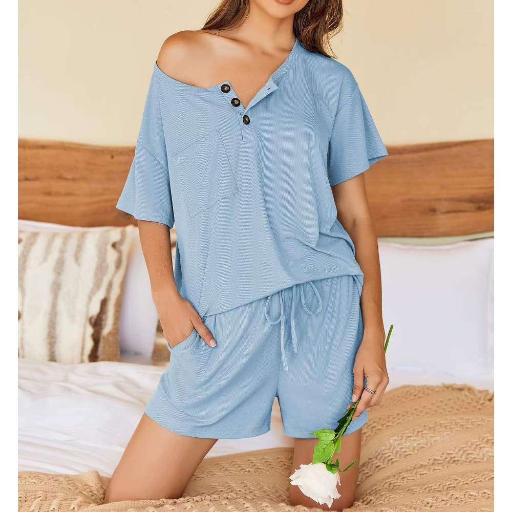 Women's Pajama Sets 2025 Solid Color 2 Piece Ribbed Knit Sets Stretch Jersey Short Sleeve Top & Elastic Waist Shorts Matching Set Day to Night Casual Two Piece Outfit Summer Lounge to Street Wear