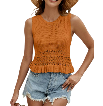 女性可爱的露脐毛衣 裙摆针织衫 无袖套头毛衣 编织褶边边饰背心