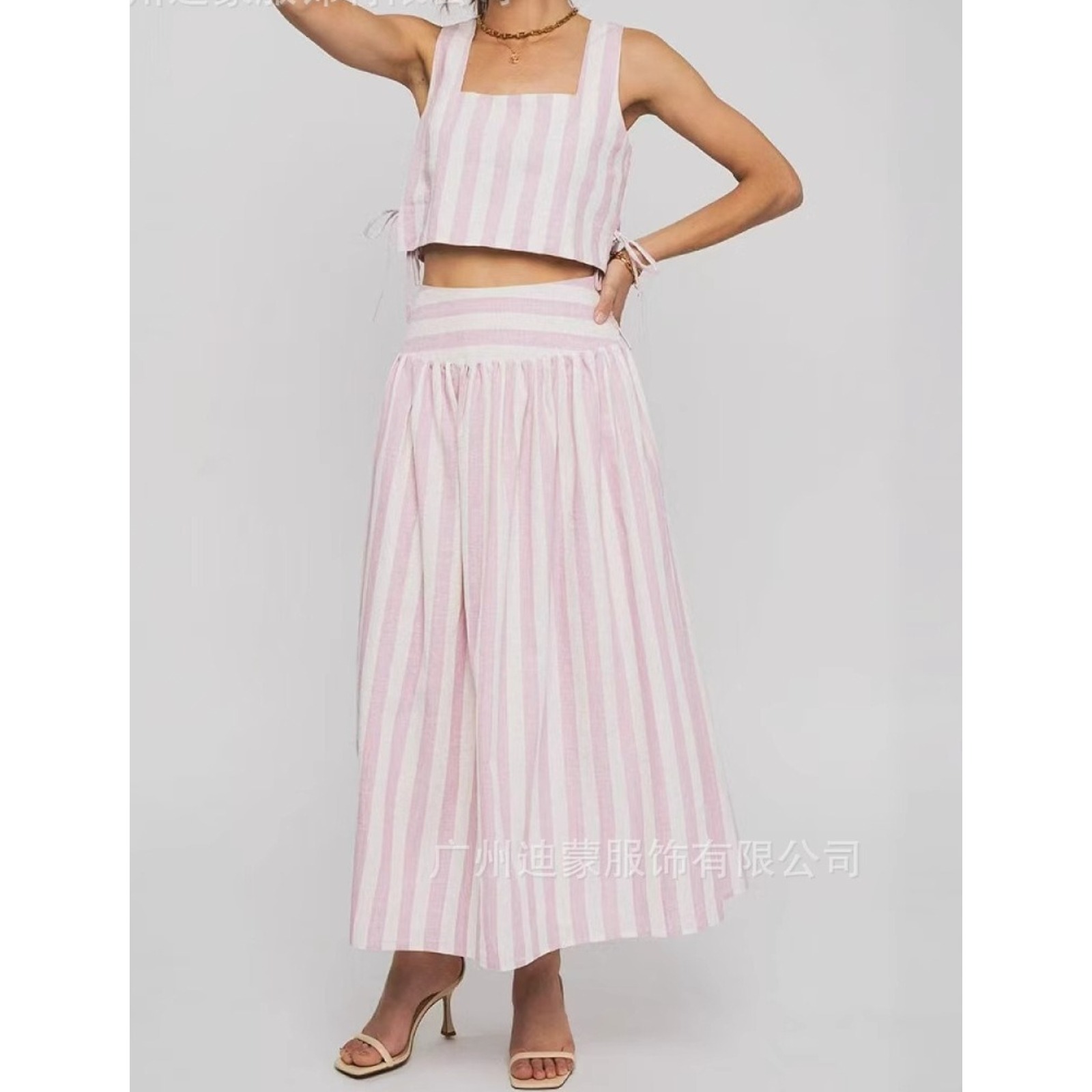 条纹半身裙女度假风大摆裙中长款伞裙套装