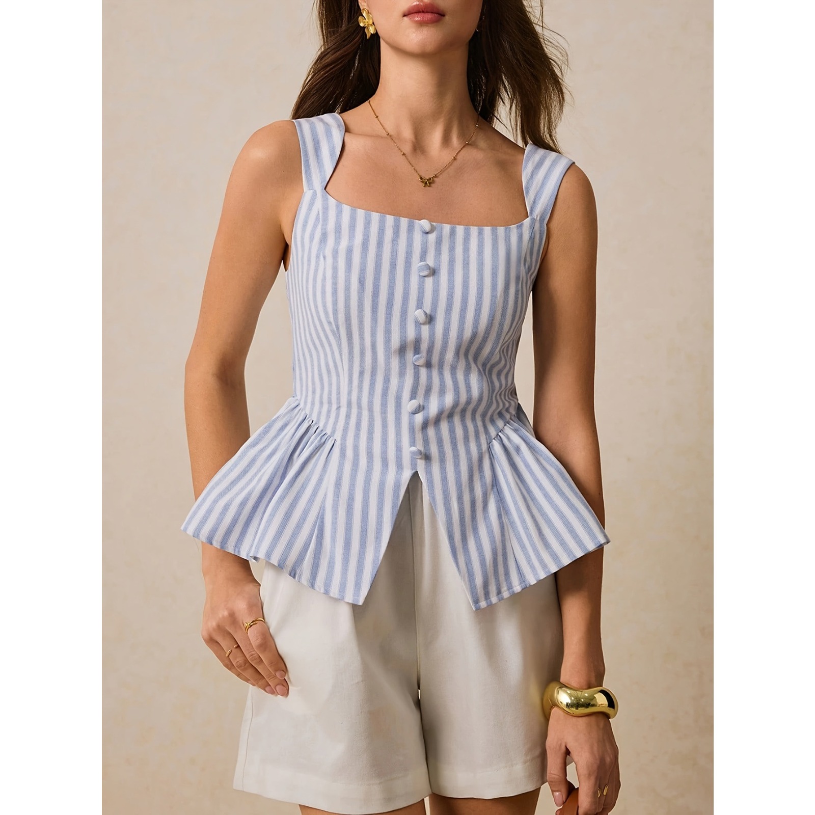 2025夏季女式条纹背心式纽扣上衣撞色条纹睡衣风女