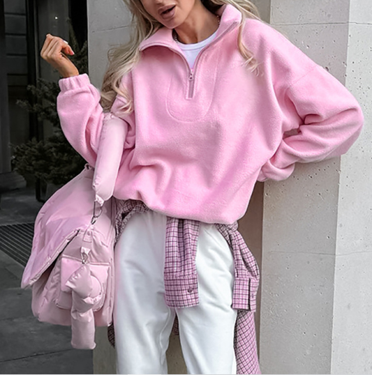 女士超大号拉链连帽宽松套头毛衣  高领短款套头衫  长袖运动短上衣