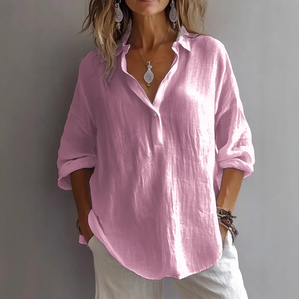Women's Summer Solid Color Shirt Relaxed Fit Roll-Up Sleeve V-Neck Collar Blouse Tops Oversized Button Down Tunic Basic Top Comfy Blouse Dressy Breathable Spring Casual Wear