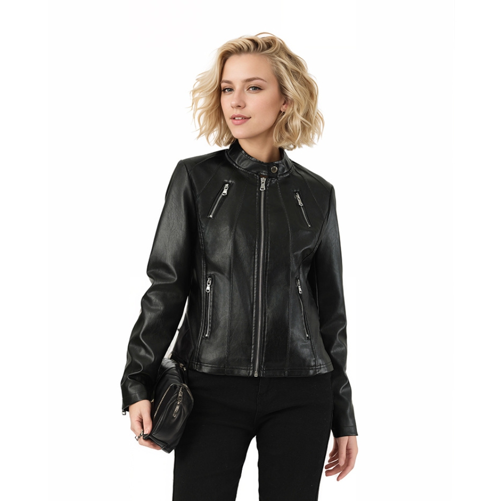 跨境欧美女装2024新款秋修身女式立领修身外套欧美皮衣女定制打版