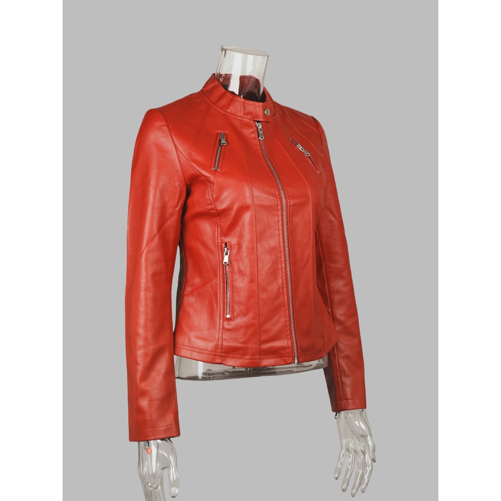 跨境欧美女装2024新款秋修身女式立领修身外套欧美皮衣女定制打版