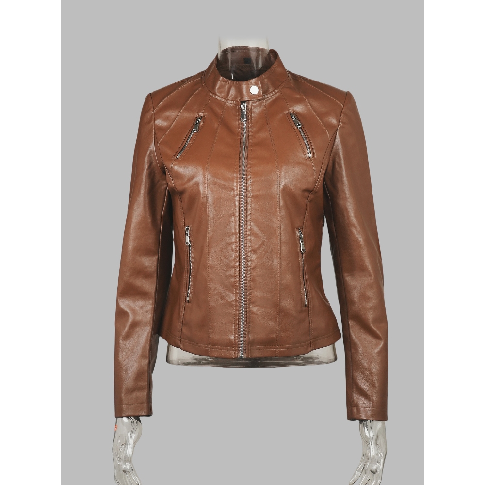 跨境欧美女装2024新款秋修身女式立领修身外套欧美皮衣女定制打版