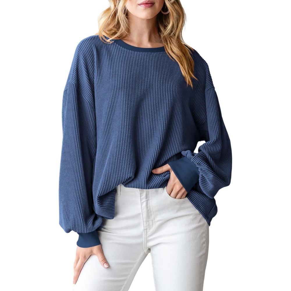 2024亚马逊女士长袖T恤秋季时尚服饰休闲宽松的圆领罗纹宽松上衣