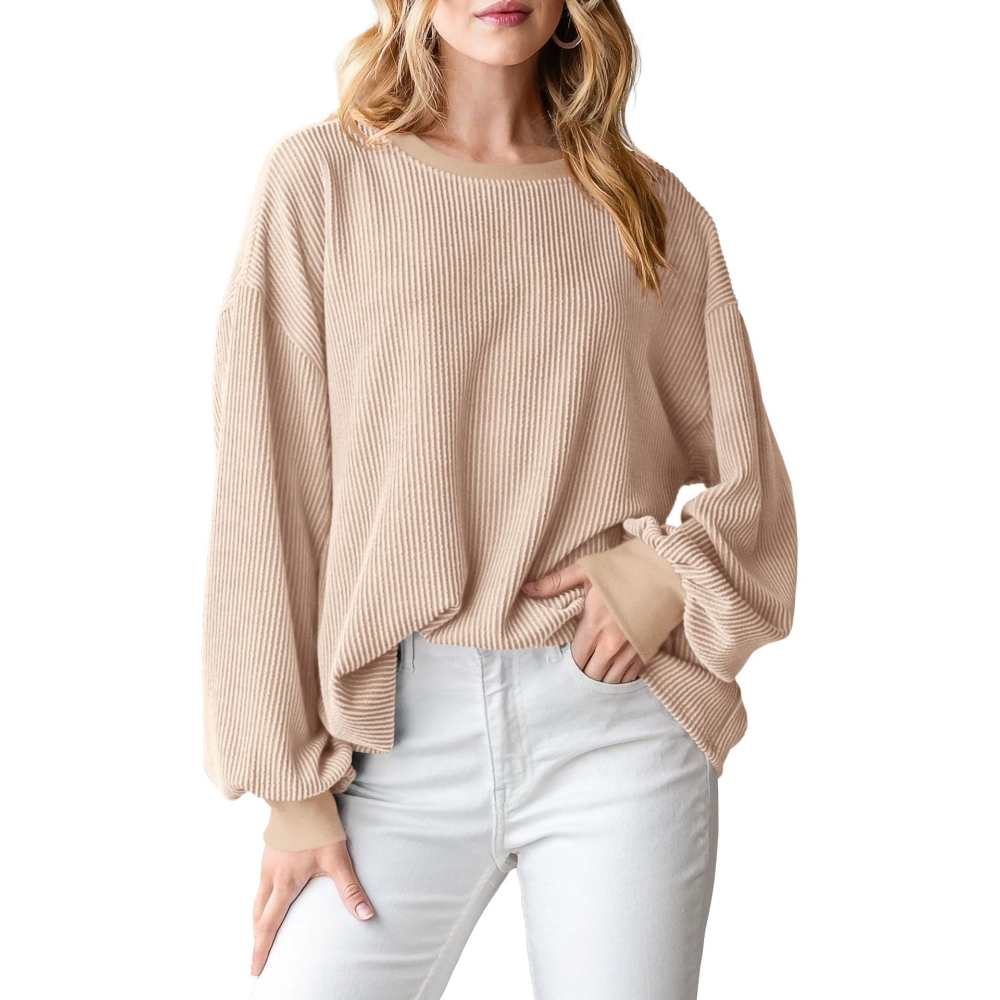 2024亚马逊女士长袖T恤秋季时尚服饰休闲宽松的圆领罗纹宽松上衣