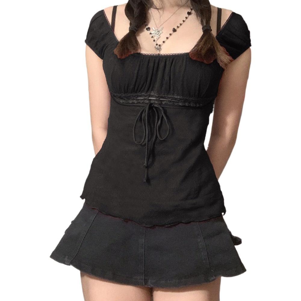 Women's Sexy and Elegant Y2k Shirts See Through Square Neck Lace Patchwork Tops Vintage Clothing Mesh Lace Blouse with a Bow and Cinched Waist