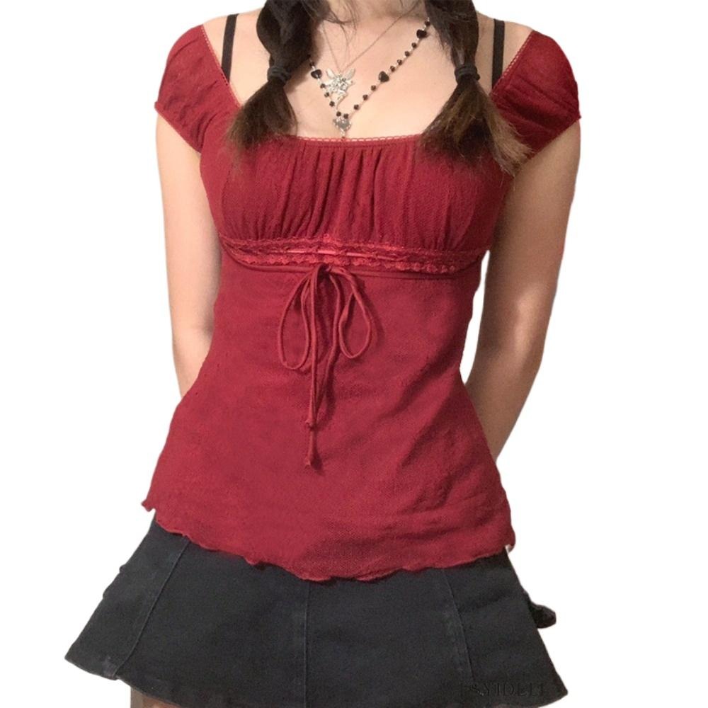 Women's Sexy and Elegant Y2k Shirts See Through Square Neck Lace Patchwork Tops Vintage Clothing Mesh Lace Blouse with a Bow and Cinched Waist