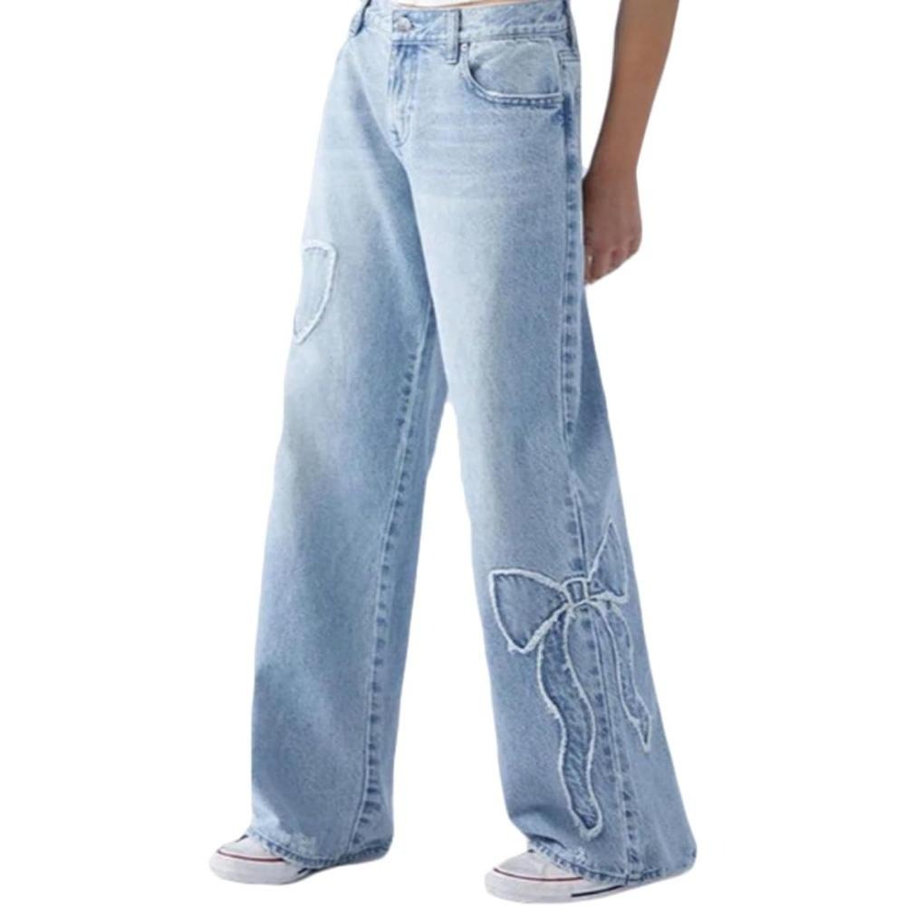 Women's Embroidered Loose Straight Leg Frayed Edge Bow Tie Pants, Side Butterfly Denim Jeans High High Rise Design Pants