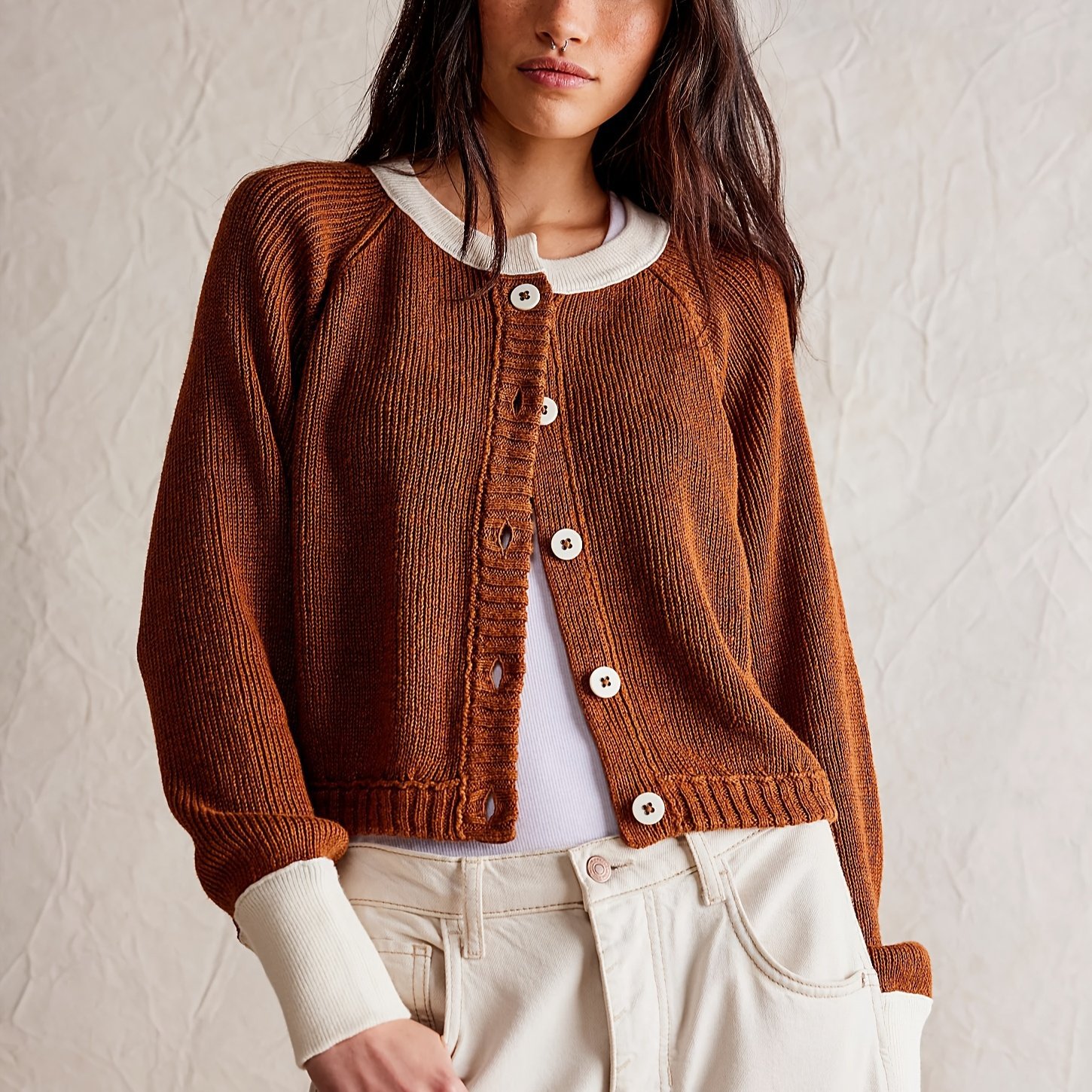 Women's Fall Color Block Knit Cardigan Sweater Crewneck Long Sleeve Open Front Button Down Cropped Knitwear Loose Layering Piece Outwear Coats Work Casual Elegant Minimalist Knit Top