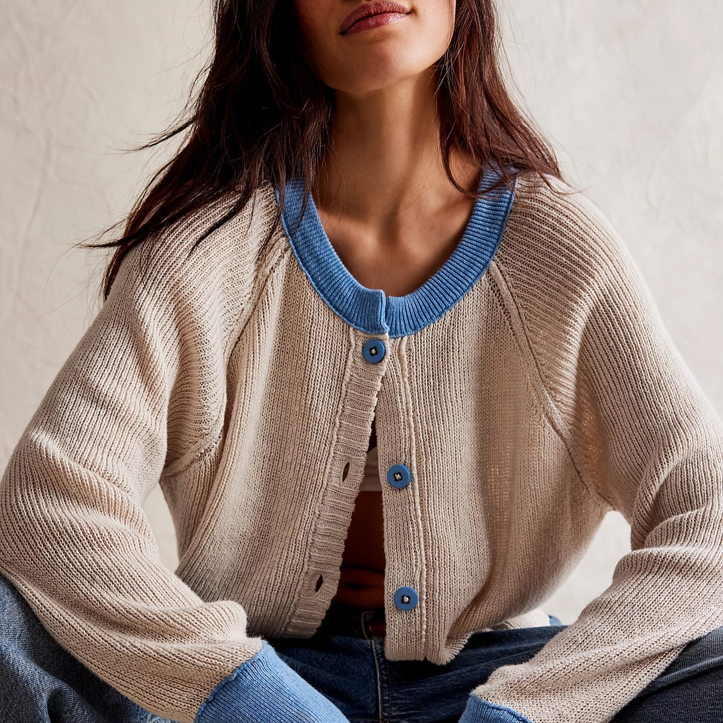 2025秋冬新款亚马逊temu热卖女装撞色圆领开衫针织衫单排纽扣外套