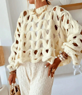 女士镂空毛衣 领口宽松长袖 衬衫 休闲宽松套头上衣