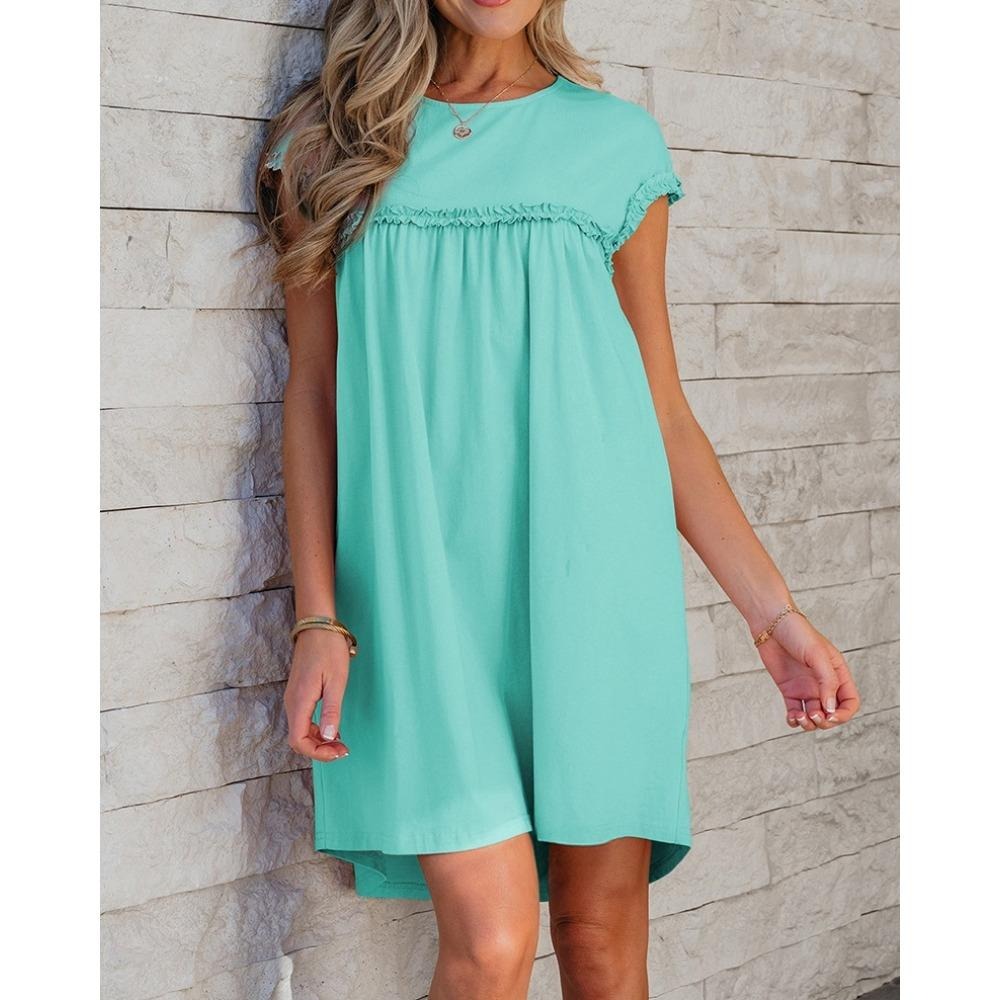 Casual Style Versatile Round Neck Short Sleeved Frilled Trim Crew Neck Loose Fit Dress for Women 2025 Summer Loose Knee Length Mini Skirt
