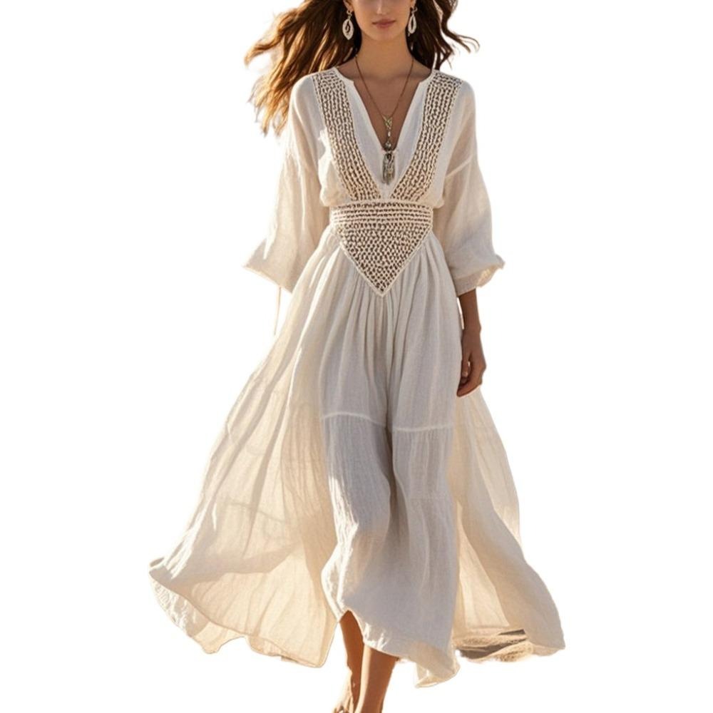 2025 跨境 亚马逊 连衣裙 欧美 拼接 速卖通 沙滩 海边度假 镂空