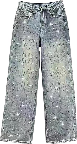 Women's Diamond Jeans Shiny High Waisted Straight Leg Denim Pants Loose with Pocket Y2K rise Jeans