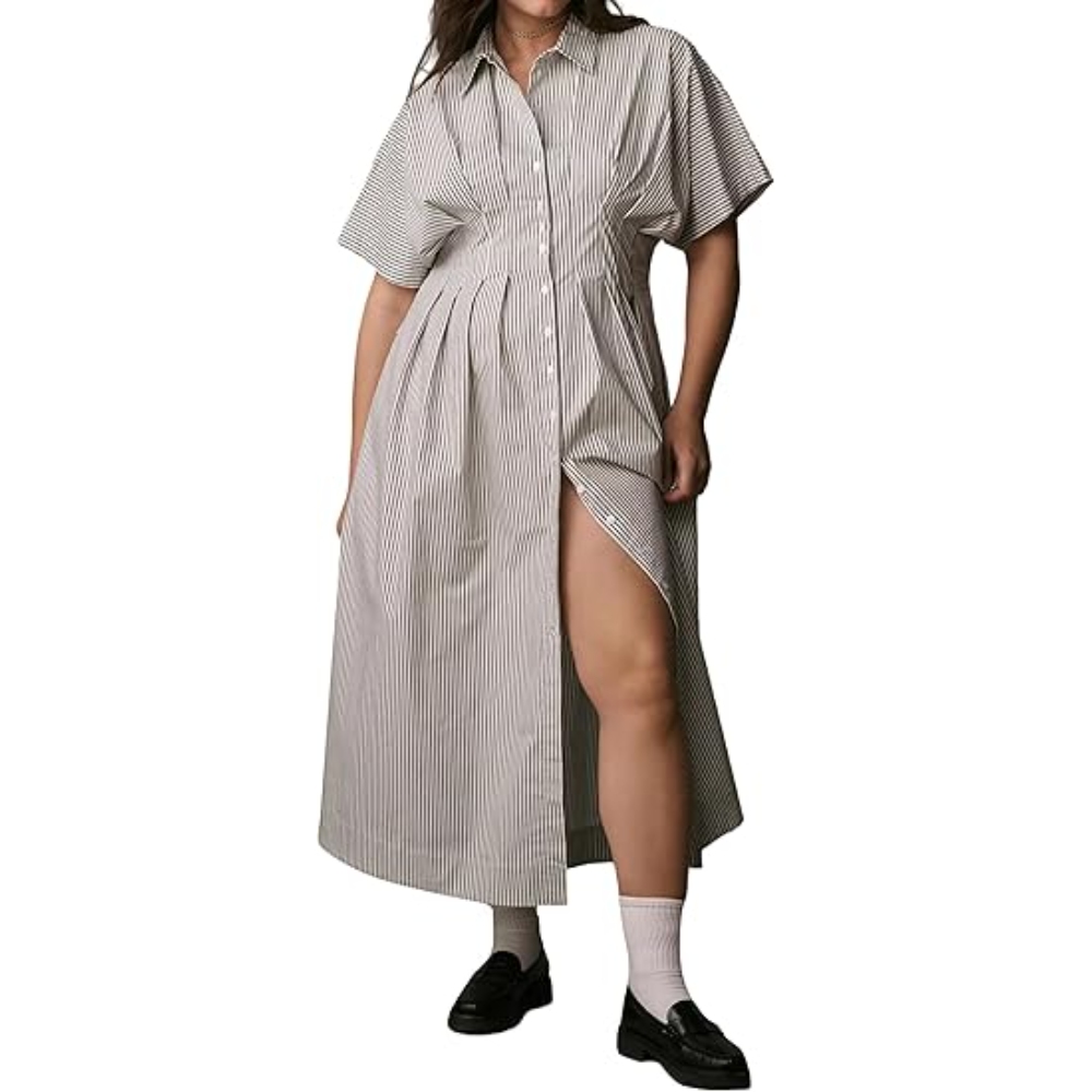 Women's Summer Button Front Pleated Shirt Maxi Dress Loose Short Sleeve Collar V Neck Striped Long Dresses Casual Tunic Dresses for Work Daily Wear