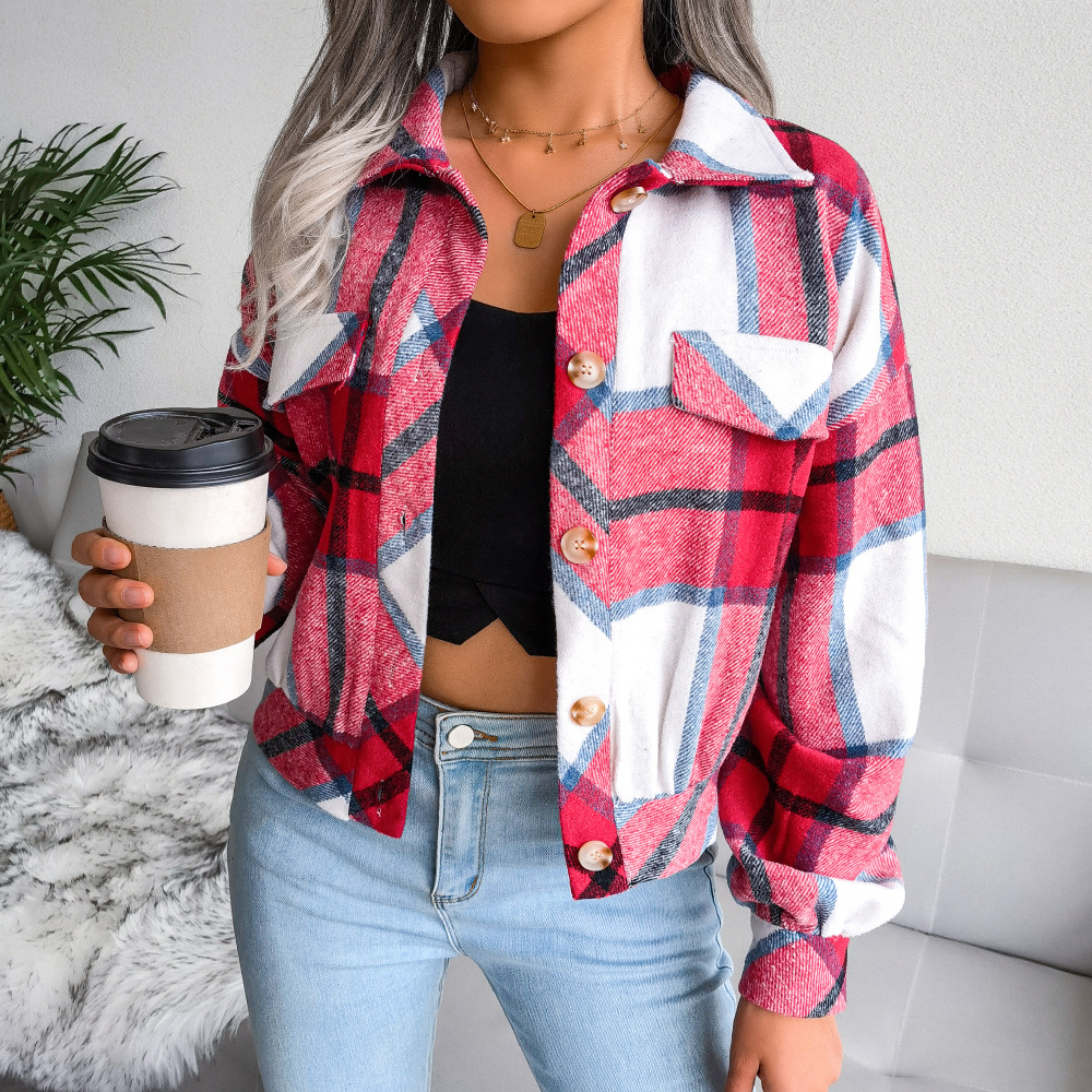 Women's Fashion Cropped Plaid Shacket Long Sleeve Button Down Corduroy Casual Crop Jackets Tops Casual Loose Slim Street Style Outerwear Top 
