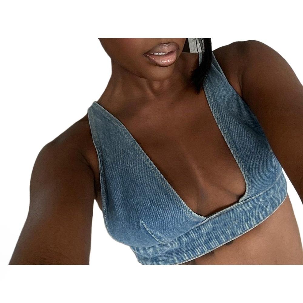 Women Sexy Deep V Neck Halter Denim Tank Top Summer 2025 Denim Washed Vest with Back Buttons