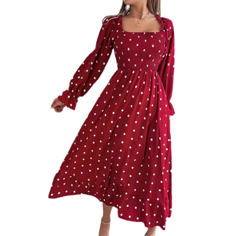 Women's Square Neck Long Sleeve Maxi Dress Elegant Retro Ruffle Trim Long Sleeve Polka Dot Fall Dress Casual Loose Slim Layering Big Swing Dress