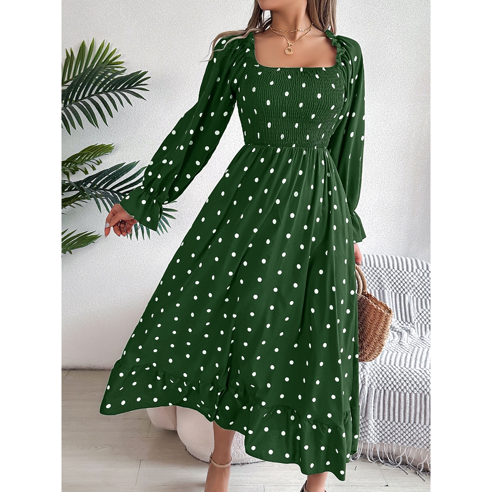 Women's Square Neck Long Sleeve Maxi Dress Elegant Retro Ruffle Trim Long Sleeve Polka Dot Fall Dress Casual Loose Slim Layering Big Swing Dress