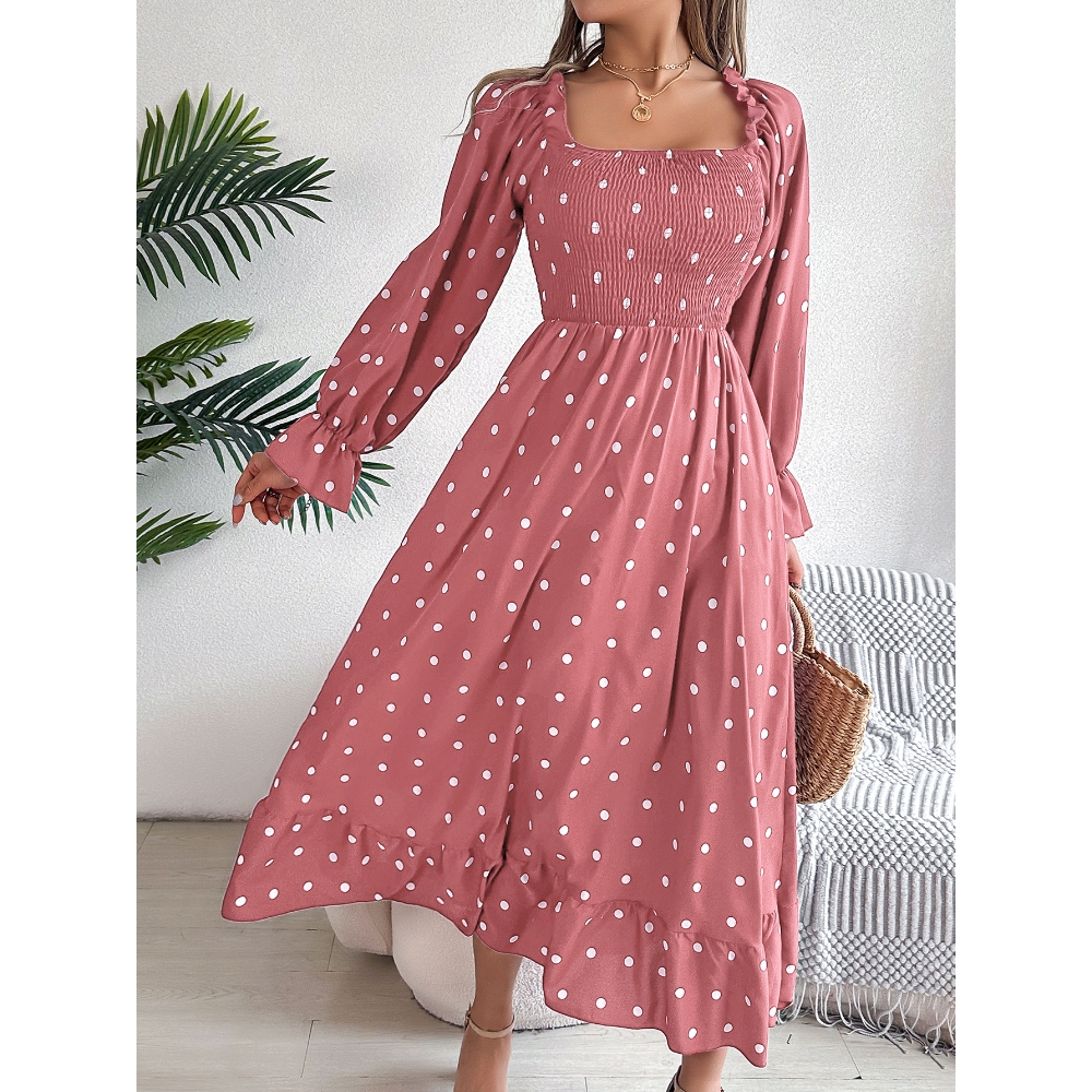 Women's Square Neck Long Sleeve Maxi Dress Elegant Retro Ruffle Trim Long Sleeve Polka Dot Fall Dress Casual Loose Slim Layering Big Swing Dress