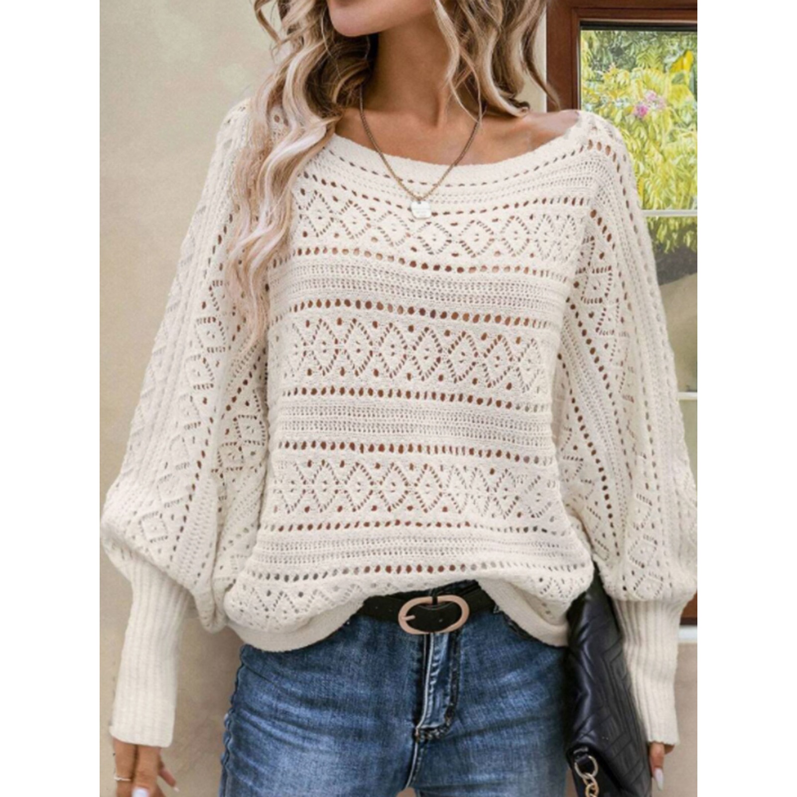 Lazy style women's crocheted hollow-out sweater bat sleeve pullover shoulder autumn and winter sweater blouse