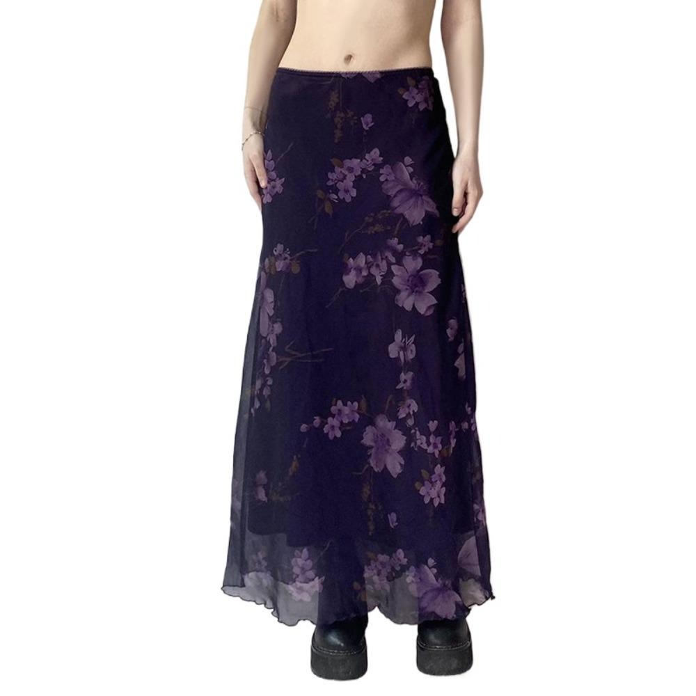 新中式紫色花卉印花网纱半裙女 优雅复古风低腰直筒显瘦A字裙