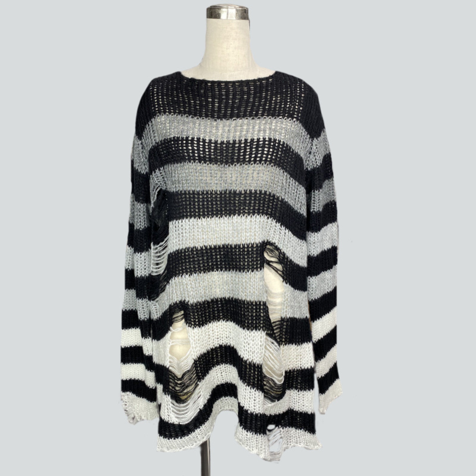 Punk lazy style mohair loose hole rainbow gradient striped mid-length sweater women's sweater