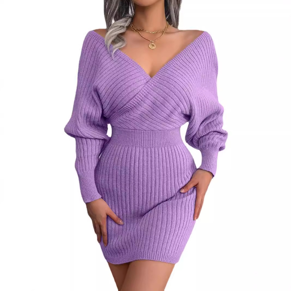 Women's V Neck Crossover Bodycon Sweater Dress Long Batwing Sleeve Knitted Dresses Sexy Off The Shoulder Solid Color Sweater Casual Slim Fit Wrap Mini Dress