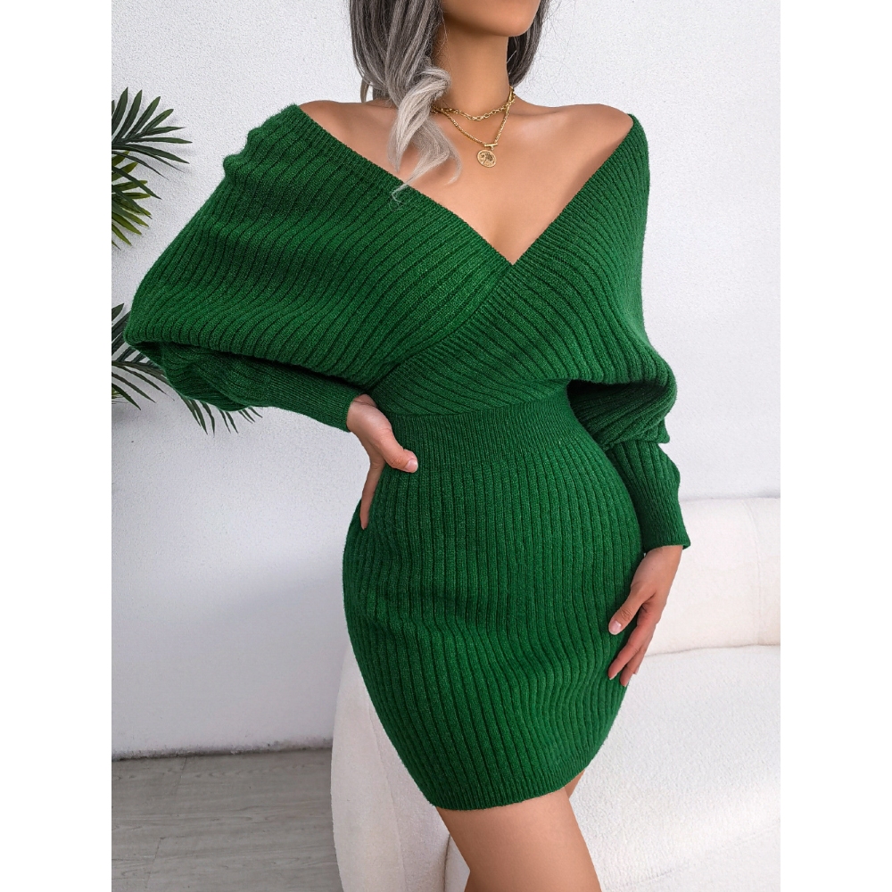Women's V Neck Crossover Bodycon Sweater Dress Long Batwing Sleeve Knitted Dresses Sexy Off The Shoulder Solid Color Sweater Casual Slim Fit Wrap Mini Dress