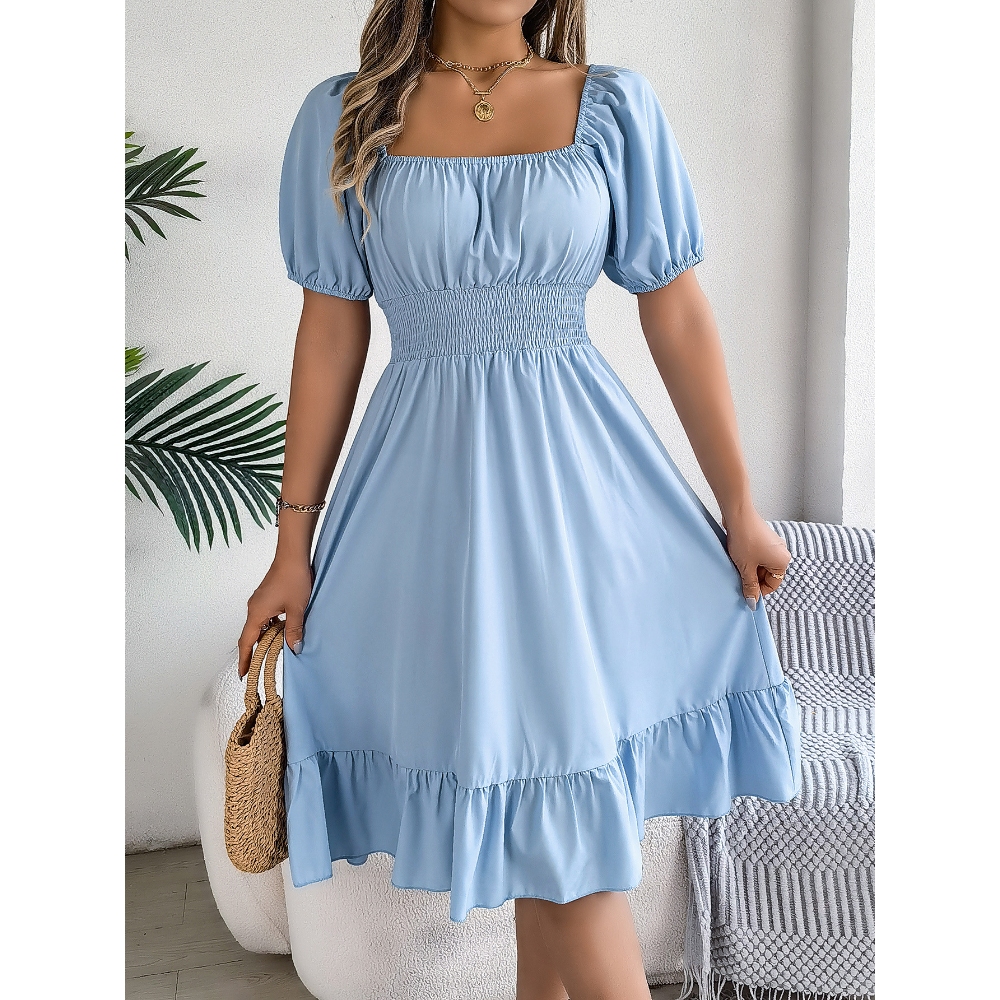 Women's Square Neck Short Sleeve Mini Dress Boho Smocked Waist Ruffle Hem Chiffon A-Line Summer Beach Dress, Cute Casual High Waist Vacation Dress, Trendy Spring Flowy Dress