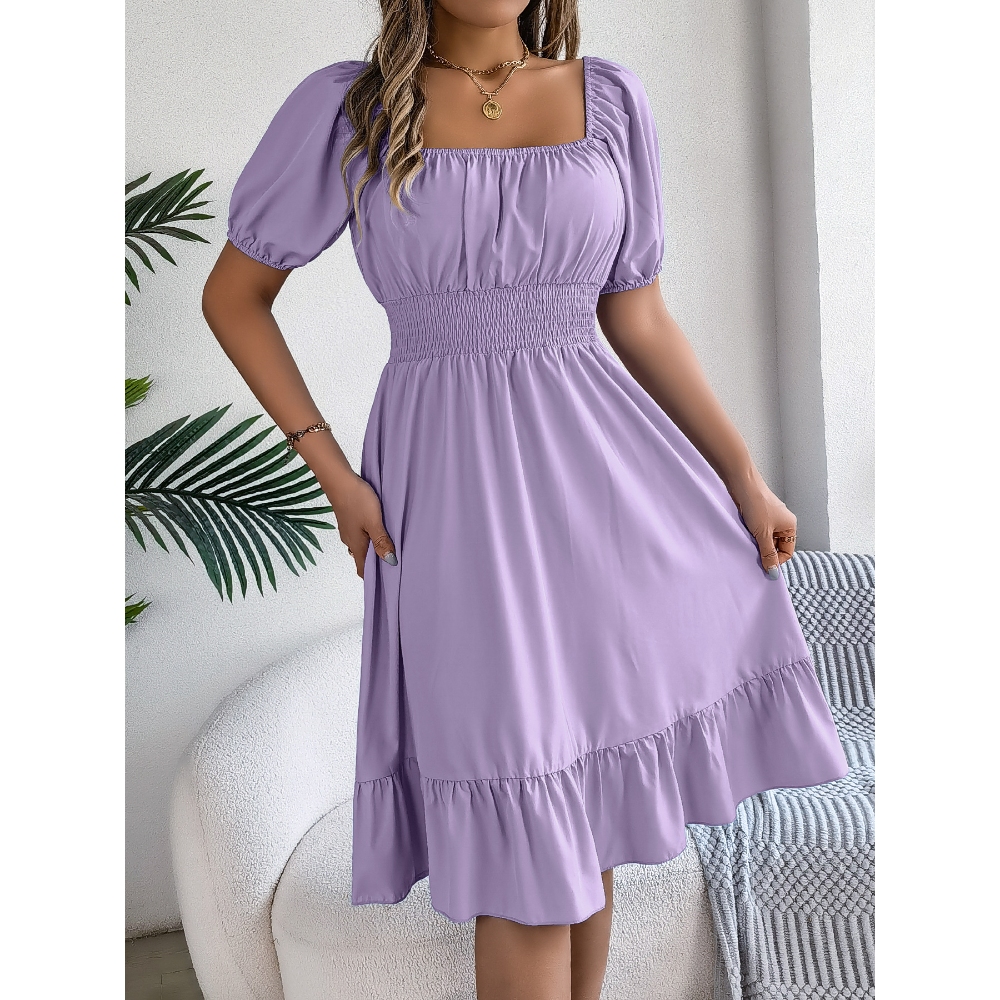 Women's Square Neck Short Sleeve Mini Dress Boho Smocked Waist Ruffle Hem Chiffon A-Line Summer Beach Dress, Cute Casual High Waist Vacation Dress, Trendy Spring Flowy Dress