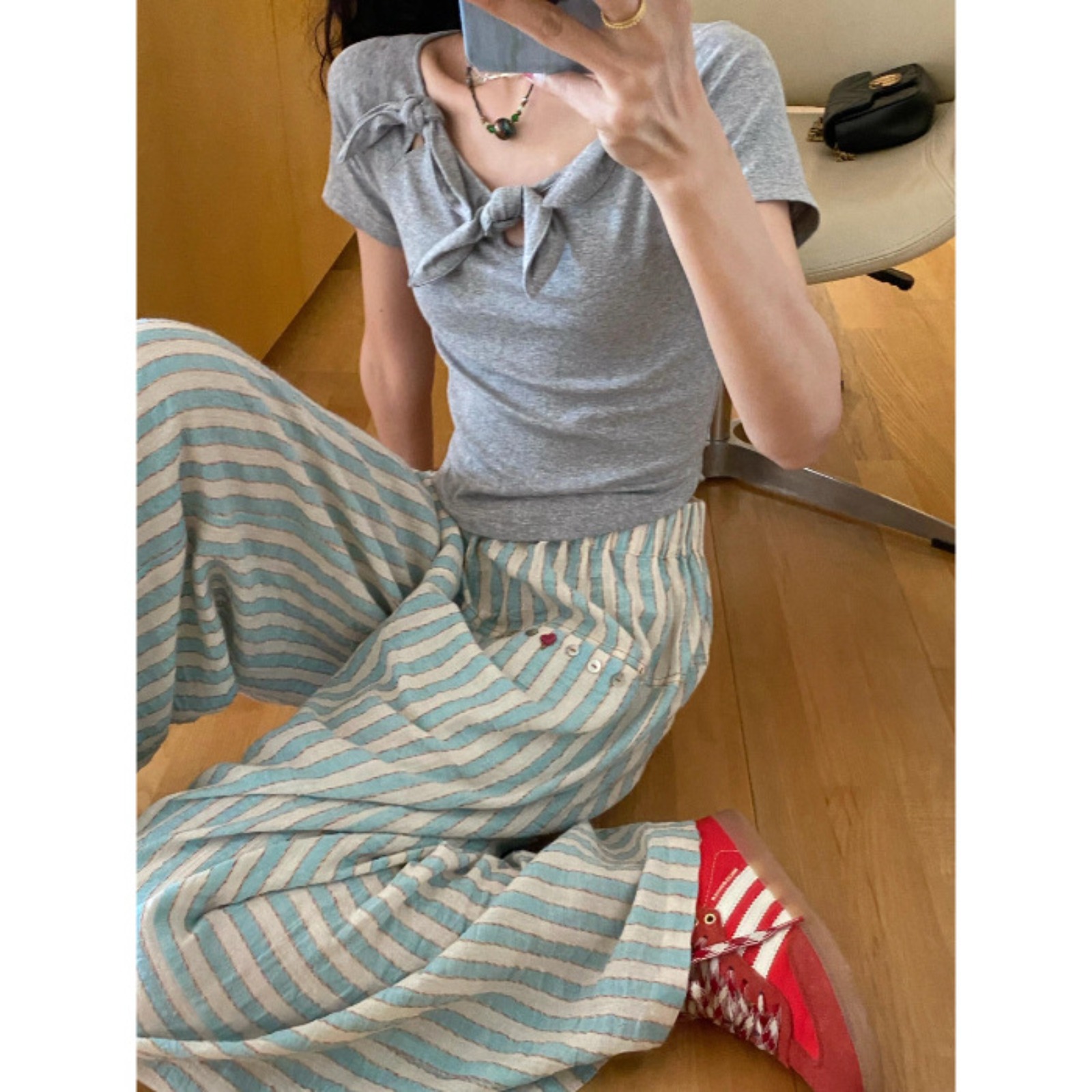 Summer walking casual straight pants striped loose lazy home thin pants