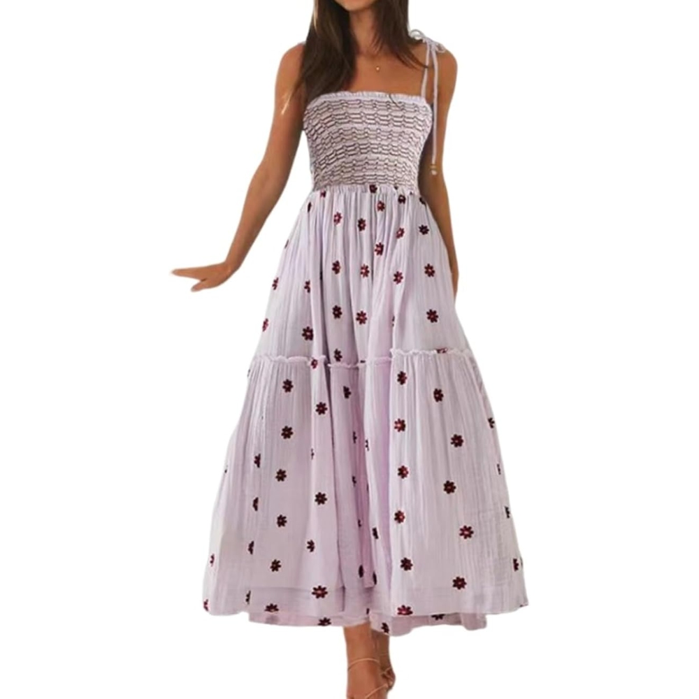 Women's Floral Embroidered Maxi Dress Adjustable Straps Smocked Waist A-Line Boho Sundress Flowy Beach Dress with Pockets, Lightweight Summer Tiered Dress for Vacation 