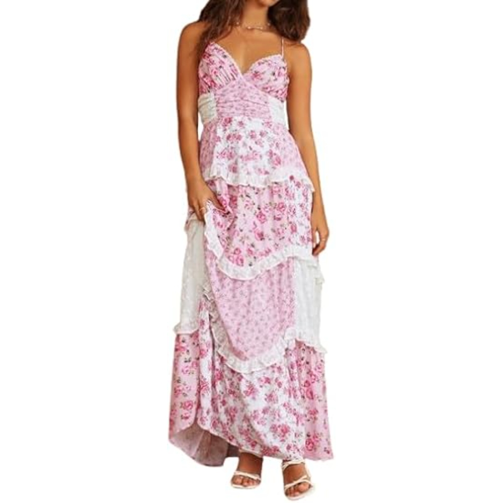 Women's Floral Lace Patchwork Maxi Dress Spaghetti Straps Backless Boho Sundress, Y2K Smocked Waist Tiered Ruffle Hem Beach A-line Dress, Summer Casual Vacation Dress