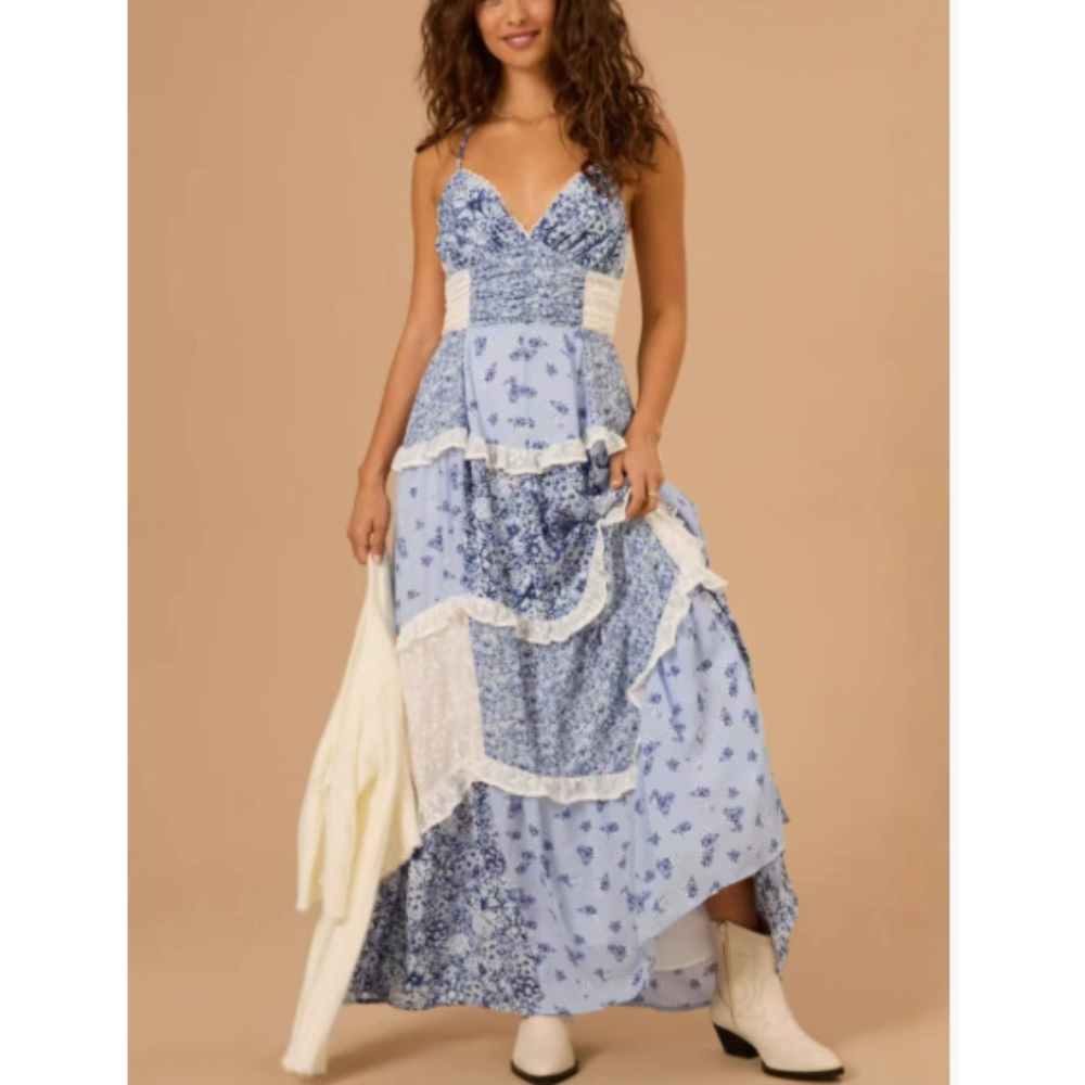 2025欧美女装 速卖通 亚马逊无袖吊带 数码印花 长裙 拼接裙子