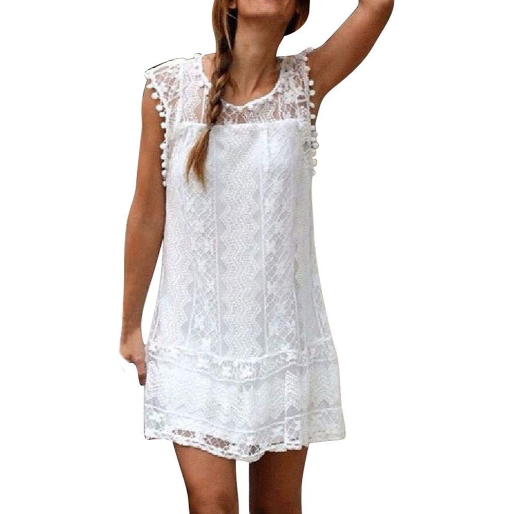  Women's Elegant Crew Neck Lace Sleeveless Mini Dress - Boho Lace Trim Tiered A-Line Sundress, Curve Hugging Beach to Wedding Guest Dress, Summer Tassel Accents Formal Casual Dress