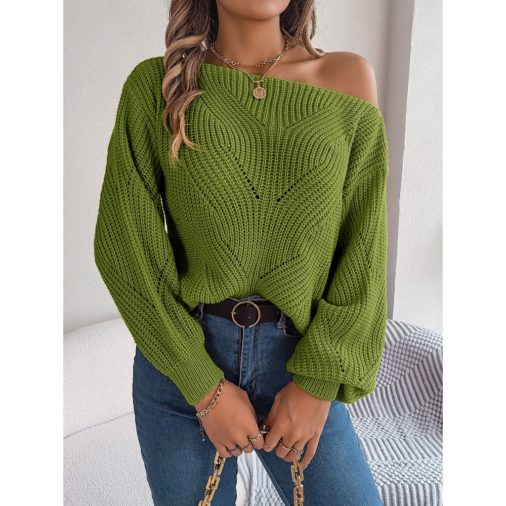 2025秋冬休闲镂空一字领露肩灯笼袖毛衣 独立站跨境欧美女装